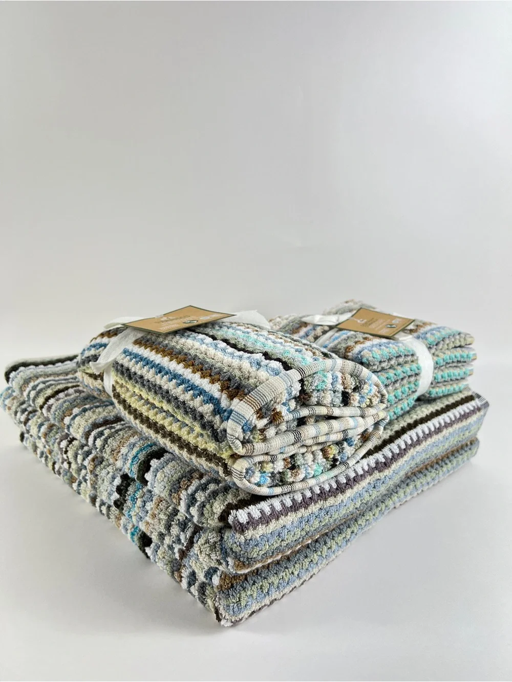 Deborah Connolly Bath Towel Set Striped Brown Green Aqua Cotton 8 Pc Set NEW